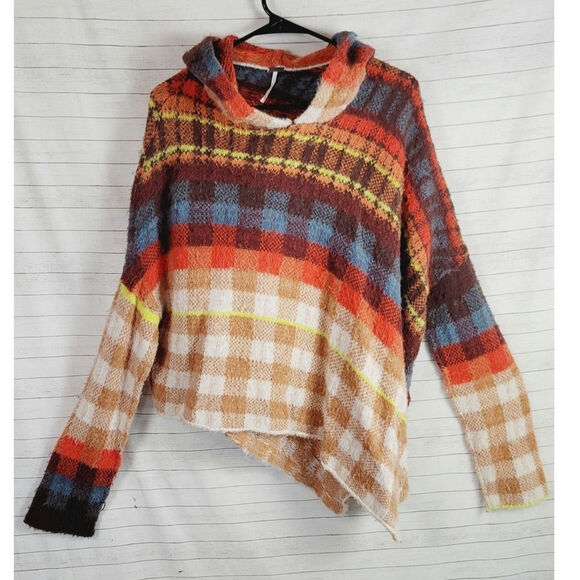 Free People Ainsley Plaid Hooded Wool Blend Poncho in Apple Cider Combo, sz S - Picture 1 of 16